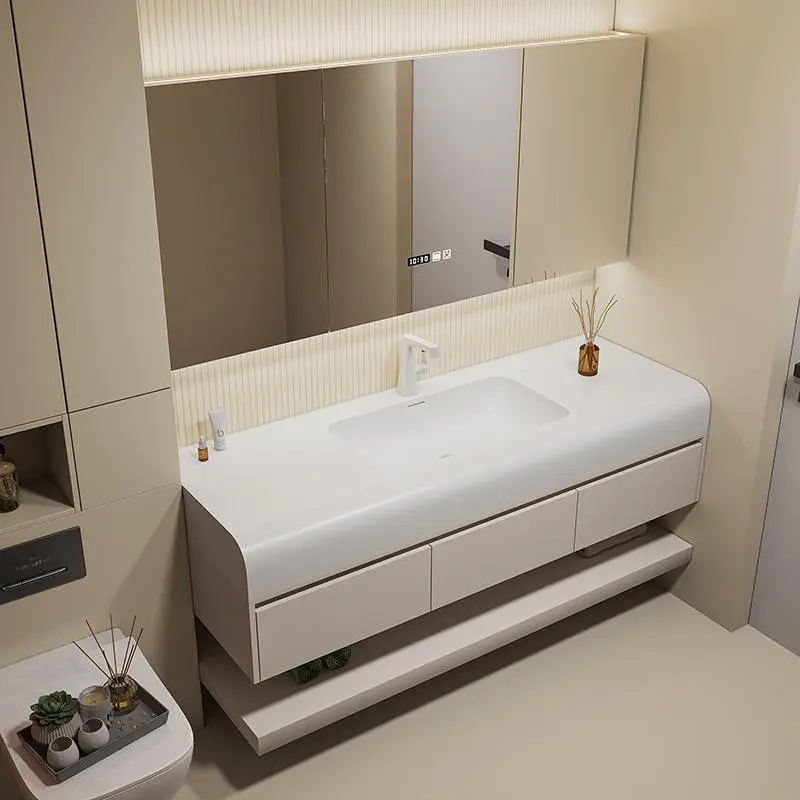 Customized Modern Moisture-proof Fashionable Double PVC Dressing Table Bathroom Vanity with LED Bathroom Mirror and Double Sink — image 6