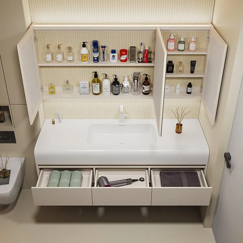 Customized Modern Moisture-proof Fashionable Double PVC Dressing Table Bathroom Vanity with LED Bathroom Mirror and Double Sink — image 7