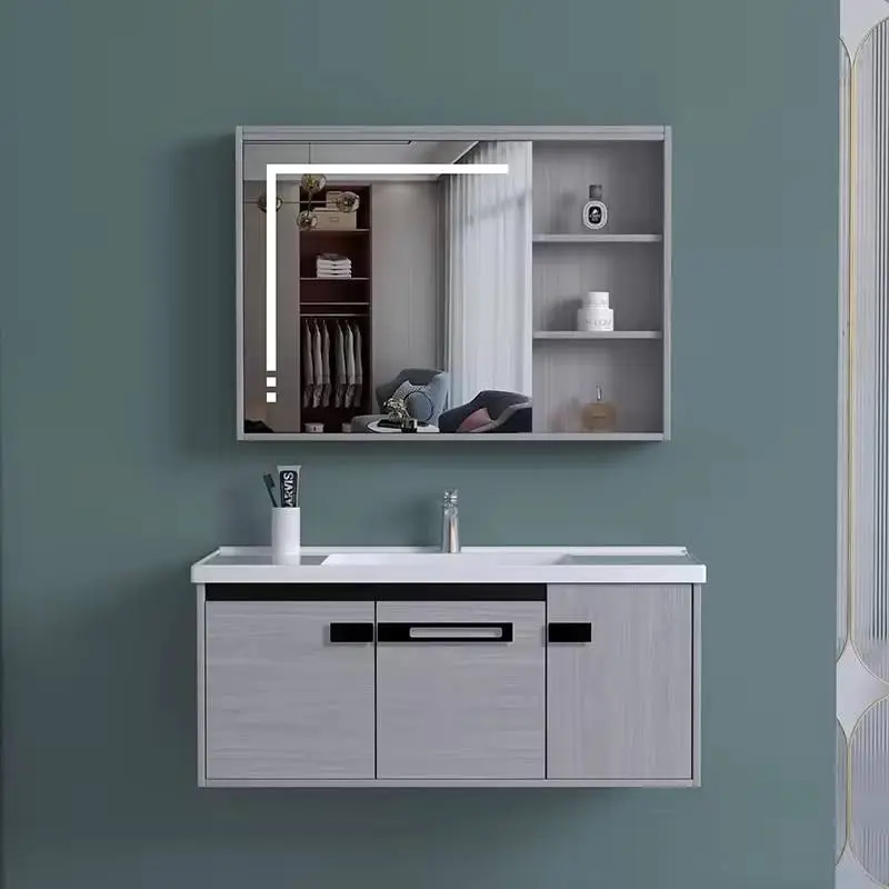 High Quality Modern Wall Hanging Plywood Bathroom Vanity Cabinets with LED Mirror and Ceramic Sink for Villas — view 1