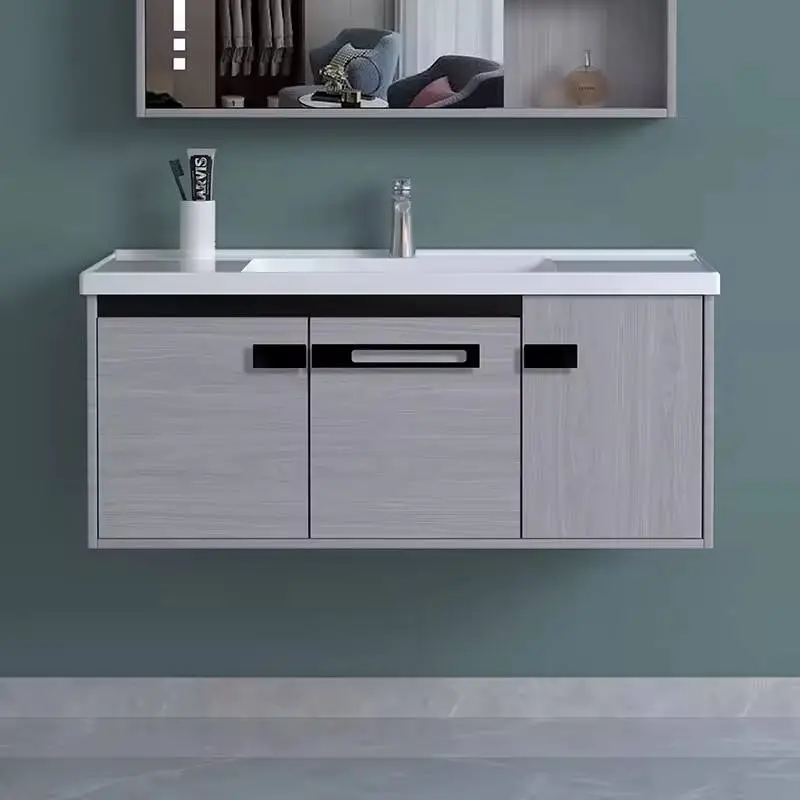 High Quality Modern Wall Hanging Plywood Bathroom Vanity Cabinets with LED Mirror and Ceramic Sink for Villas — image 4