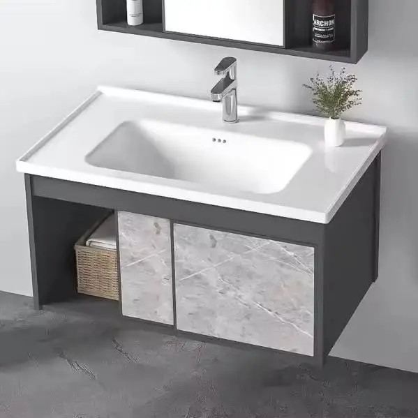High Quality Modern Wall Hanging Plywood Bathroom Vanity Cabinets with LED Mirror and Ceramic Sink for Villas — image 5