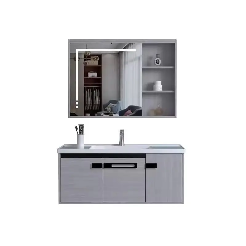 High Quality Modern Wall Hanging Plywood Bathroom Vanity Cabinets with LED Mirror and Ceramic Sink for Villas — image 6
