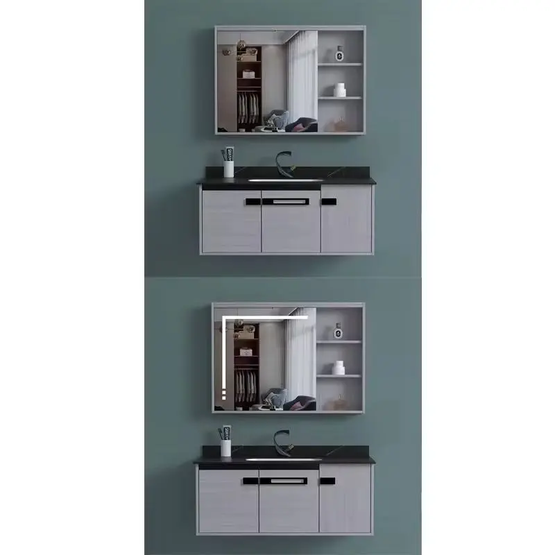 High Quality Modern Wall Hanging Plywood Bathroom Vanity Cabinets with LED Mirror and Ceramic Sink for Villas — image 7