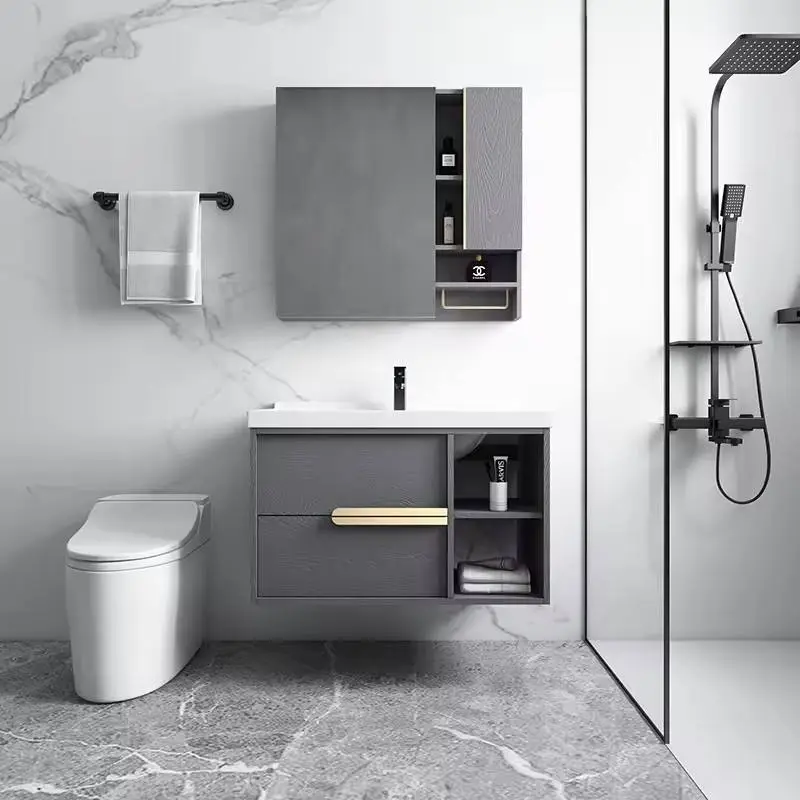 Customized Wholesale Grey 80cm Wall-mounted Soft-closing Drawer Bathroom Vanity with Mirror and Sink for Hotel Apartment — view 1