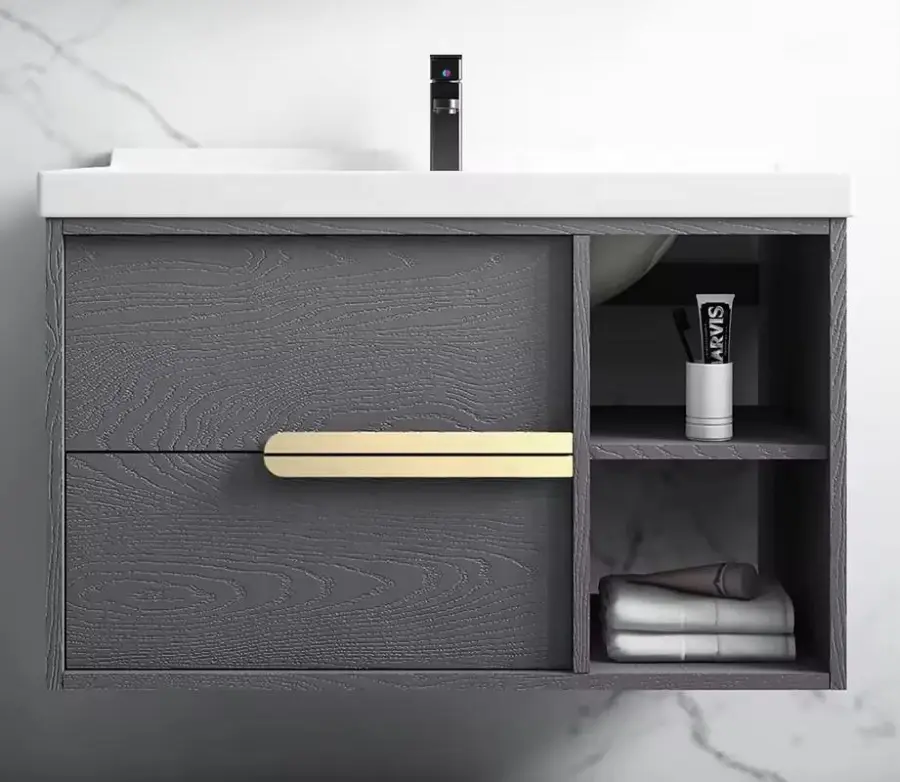 Customized Wholesale Grey 80cm Wall-mounted Soft-closing Drawer Bathroom Vanity with Mirror and Sink for Hotel Apartment — image 3