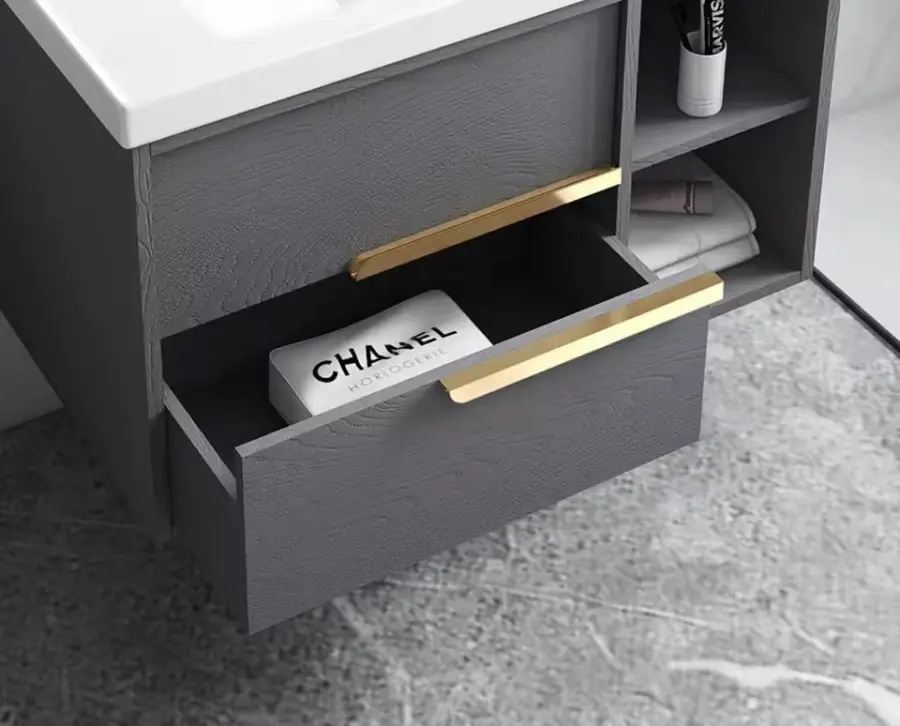 Customized Wholesale Grey 80cm Wall-mounted Soft-closing Drawer Bathroom Vanity with Mirror and Sink for Hotel Apartment — image 6