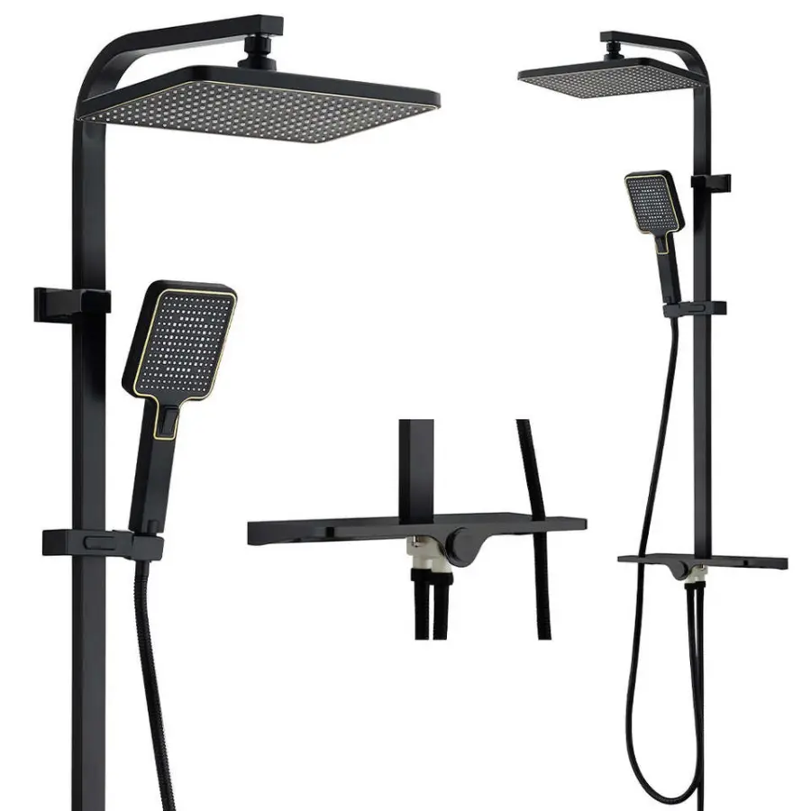 Modern Minimalist Shower Set with Storage Shelf Square Rainfall Head Handheld High Pressure Wall Mounted Bathroom Shower — view 1