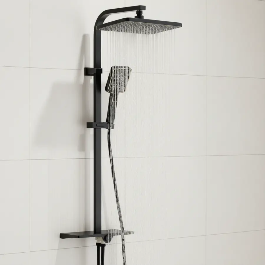 Modern Minimalist Shower Set with Storage Shelf Square Rainfall Head Handheld High Pressure Wall Mounted Bathroom Shower Fixture — image 3