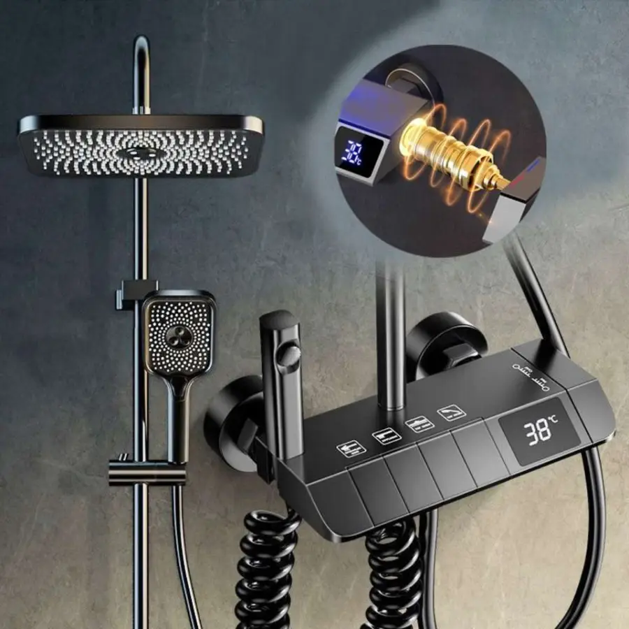 Gunmetal Gray Thermostatic Piano Key Shower Set Hydroelectric LED Display Brass Valve 4 Functions Boosting Sprayer Bathr — view 1