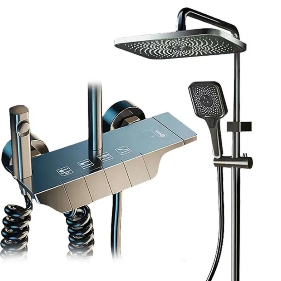 Gunmetal Gray Thermostatic Piano Key Shower Set Hydroelectric LED Display Brass Valve 4 Functions Boosting Sprayer Bathroom Set — image 3