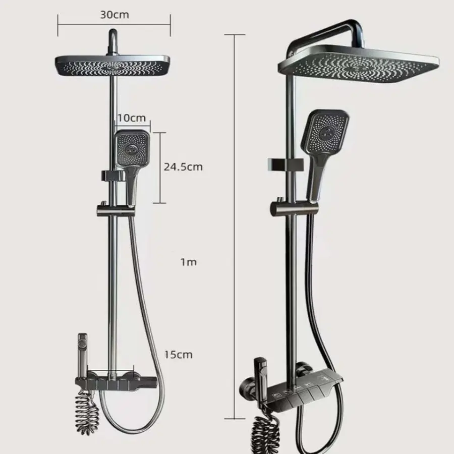 Gunmetal Gray Thermostatic Piano Key Shower Set Hydroelectric LED Display Brass Valve 4 Functions Boosting Sprayer Bathroom Set — image 4