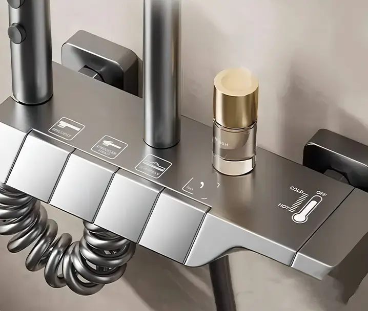 Gunmetal Gray Thermostatic Piano Key Shower Set Hydroelectric LED Display Brass Valve 4 Functions Boosting Sprayer Bathroom Set — image 5