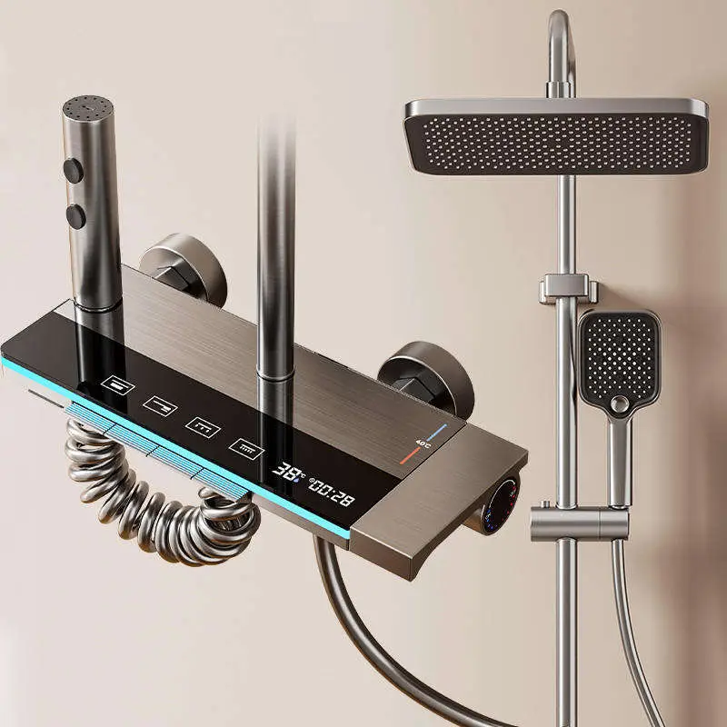 Modern Gunmetal Shower Set with LED Temperature Display, Ambient Light Strip, Piano Key Controls and 4 Water Outlet Mode — view 1