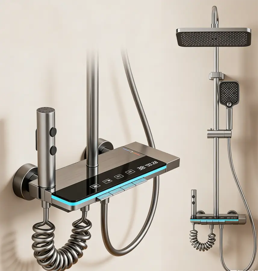 Modern Gunmetal Shower Set with LED Temperature Display, Ambient Light Strip, Piano Key Controls and 4 Water Outlet Modes — image 3