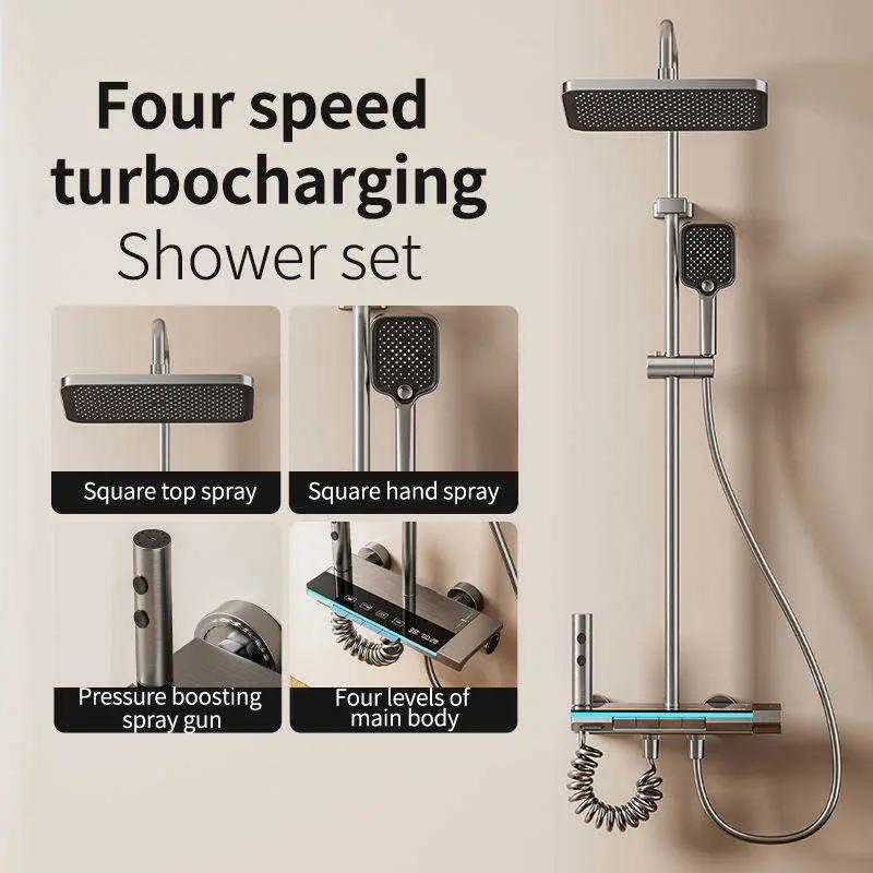 Modern Gunmetal Shower Set with LED Temperature Display, Ambient Light Strip, Piano Key Controls and 4 Water Outlet Modes — image 6