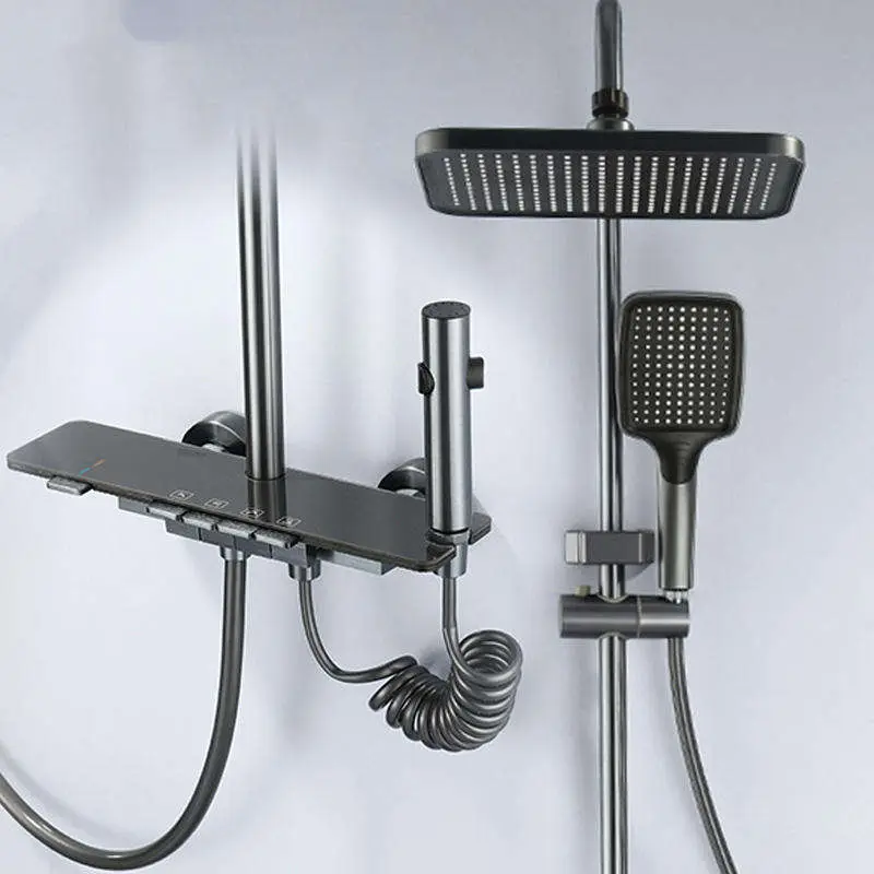 Gunmetal Gray 4 Functions Piano Key Shower Set Practical Storage Platform Square Rain Head Handheld Bidet Sprayer Bathro — view 1