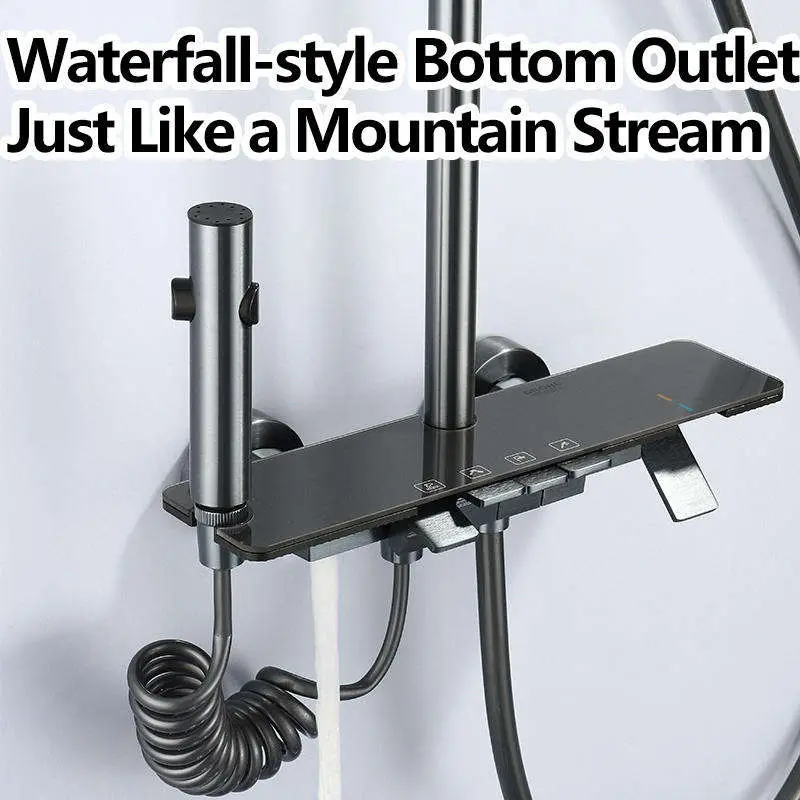 Gunmetal Gray 4 Functions Piano Key Shower Set Practical Storage Platform Square Rain Head Handheld Bidet Sprayer Bathroom Set — image 5