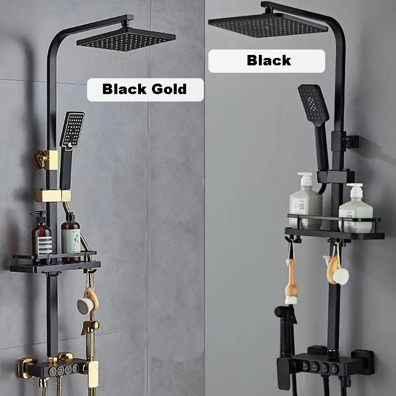 Black Gold Round Button 4 Functions Rainfall Shower System 3 Modes Handheld Bidet Sprayer Storage Shelf Bathroom Shower Set — image 3