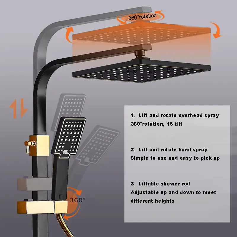 Black Gold Round Button 4 Functions Rainfall Shower System 3 Modes Handheld Bidet Sprayer Storage Shelf Bathroom Shower Set — image 6