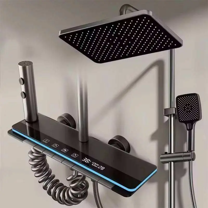 Gunmetal Gray Piano Key LED Temp Display Alloy Constant Temp 4 Functions Rain Shower Faucet Mixer Bathroom Shower Set wi — view 1