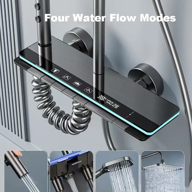 Gunmetal Gray Piano Key LED Temp Display Alloy Constant Temp 4 Functions Rain Shower Faucet Mixer Bathroom Shower Set with Bidet — image 3