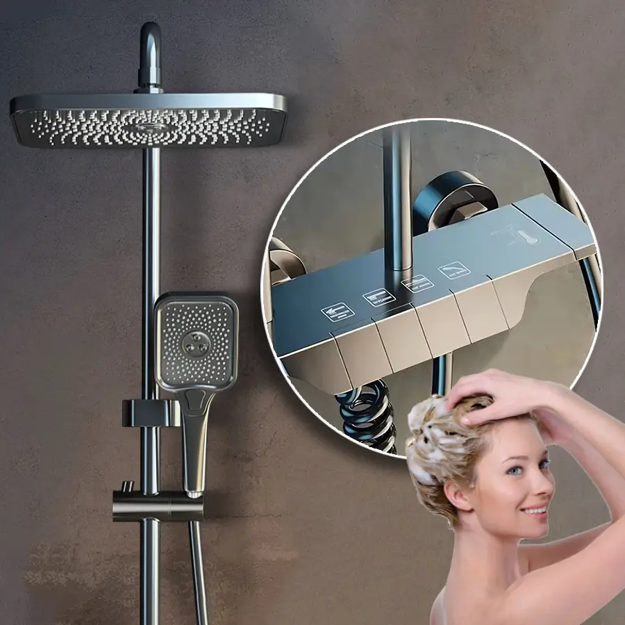 Integrated Gunmetal Gray Piano Key 4 Modes Shower System Square Rain Head Handheld Bidet Sprayer Hot Cold Bathroom Showe — view 1