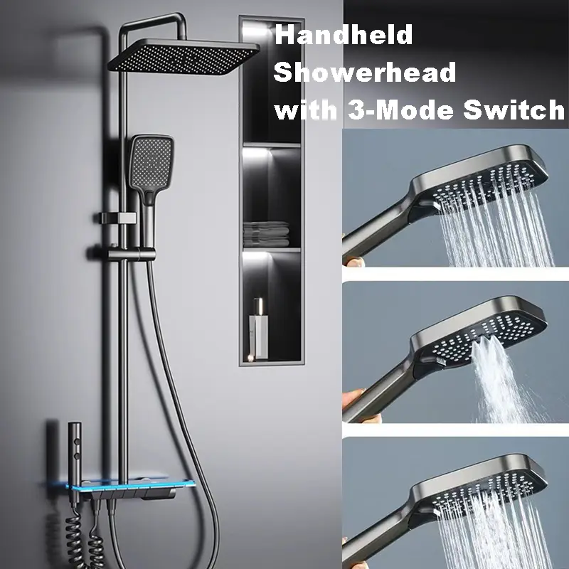 Gunmetal Gray Piano Key LED Temp Display Alloy Constant Temp 4 Functions Rain Shower Faucet Mixer Bathroom Shower Set with Bidet — image 4