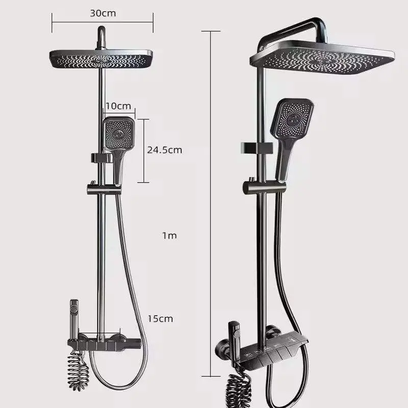 Integrated Gunmetal Gray Piano Key 4 Modes Shower System Square Rain Head Handheld Bidet Sprayer Hot Cold Bathroom Shower Set — image 4