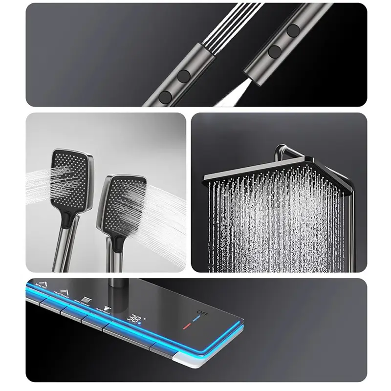 Gunmetal Gray Piano Key LED Temp Display Alloy Constant Temp 4 Functions Rain Shower Faucet Mixer Bathroom Shower Set with Bidet — image 6