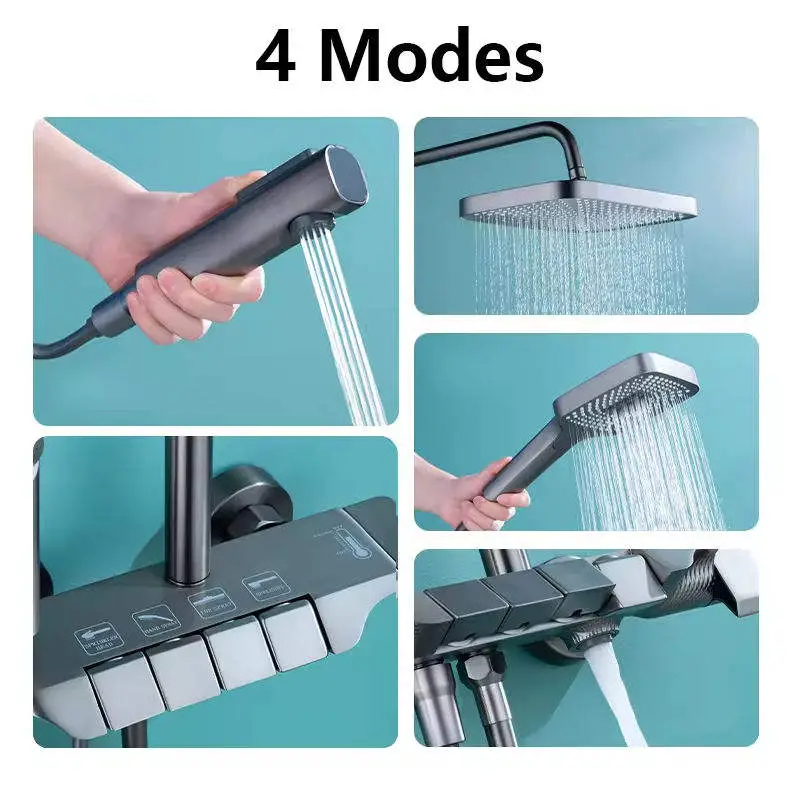 Integrated Gunmetal Gray Piano Key 4 Modes Shower System Square Rain Head Handheld Bidet Sprayer Hot Cold Bathroom Shower Set — image 6