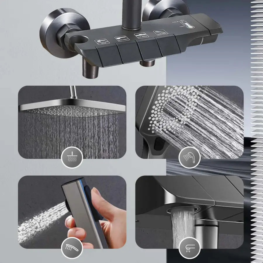Matte Black Wall Mounted Piano Key 4 Spray Modes Square Rainfall Shower Faucet Precise Temp Control Bathroom Set with Bidet — image 3