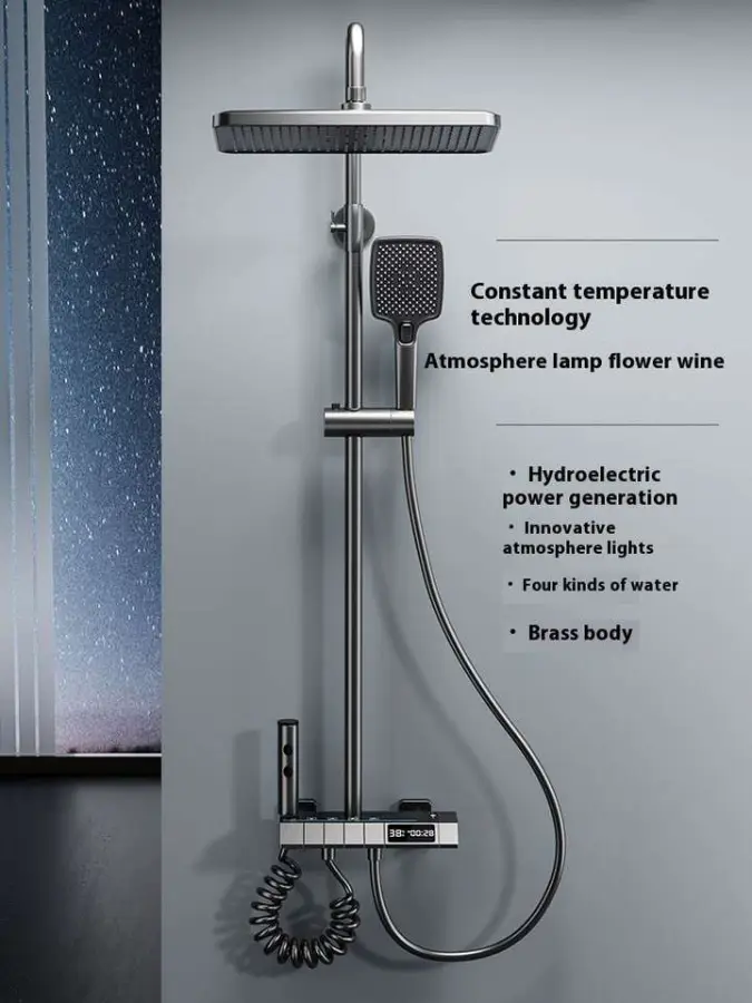 Gunmetal Gray Piano Key LED Temp & Time Display Brass Constant Temp 4 Functions Rain Shower Faucet Mixer Set with Storage Shelf — image 6