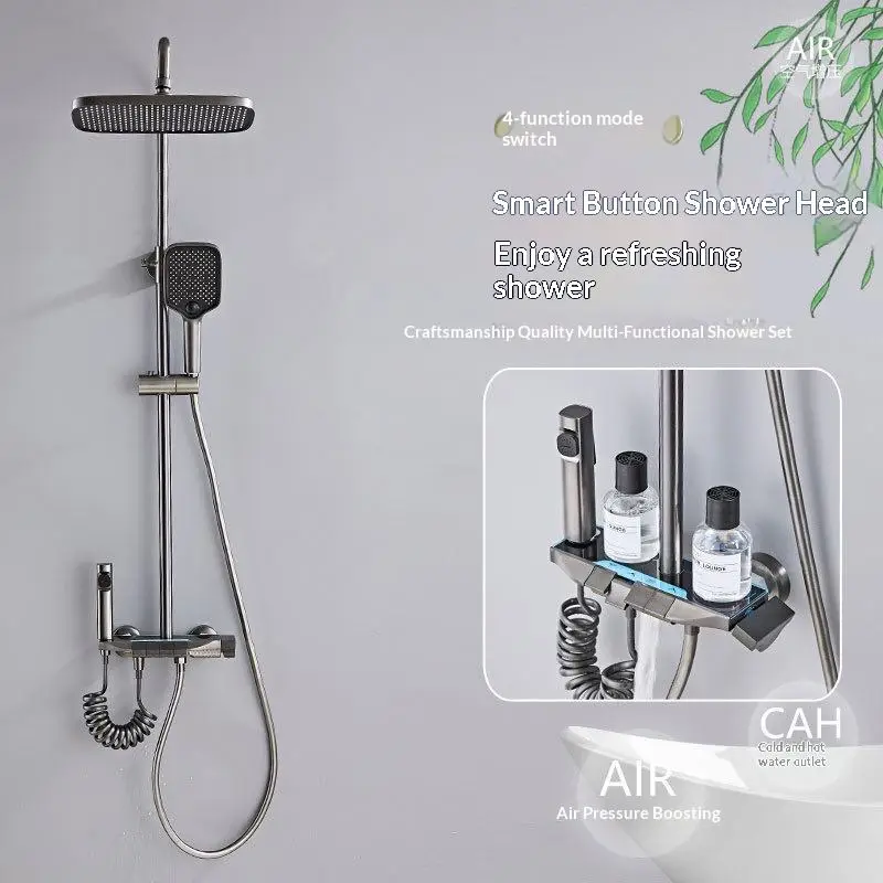 Wholesale Complete Alloy Black Gun Gray-white Glass Bathroom Piano Keys Intelligent Multi-functional Hot and Cold Shower Set — image 2