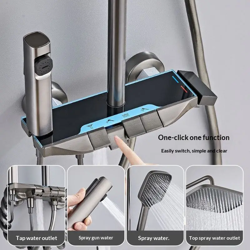 Wholesale Complete Alloy Black Gun Gray-white Glass Bathroom Piano Keys Intelligent Multi-functional Hot and Cold Shower Set — image 3