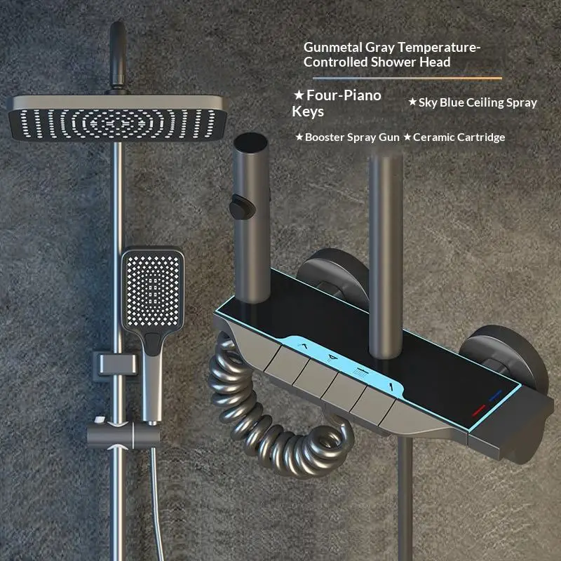 Wholesale Complete Alloy Black Gun Gray-white Glass Bathroom Piano Keys Intelligent Multi-functional Hot and Cold Shower Set — image 4