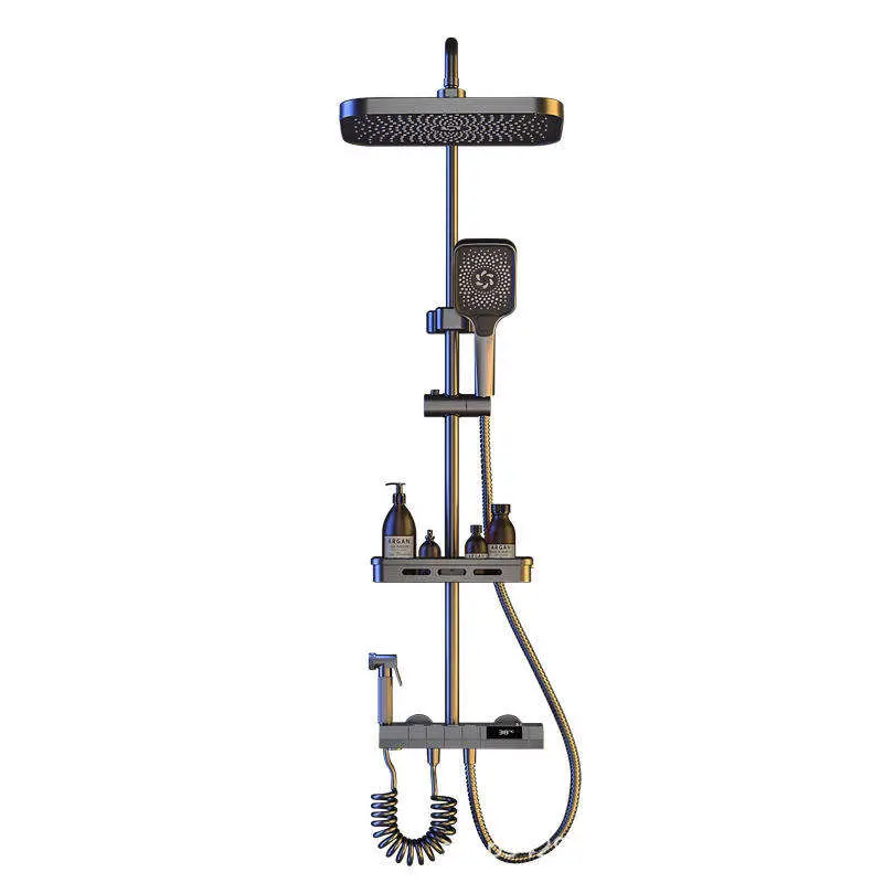 Gunmetal Gray Piano Key LED Temp Display Alloy Constant Temp 4 Functions Rain Shower Faucet Mixer Bathroom Shower Set with Bidet — image 7