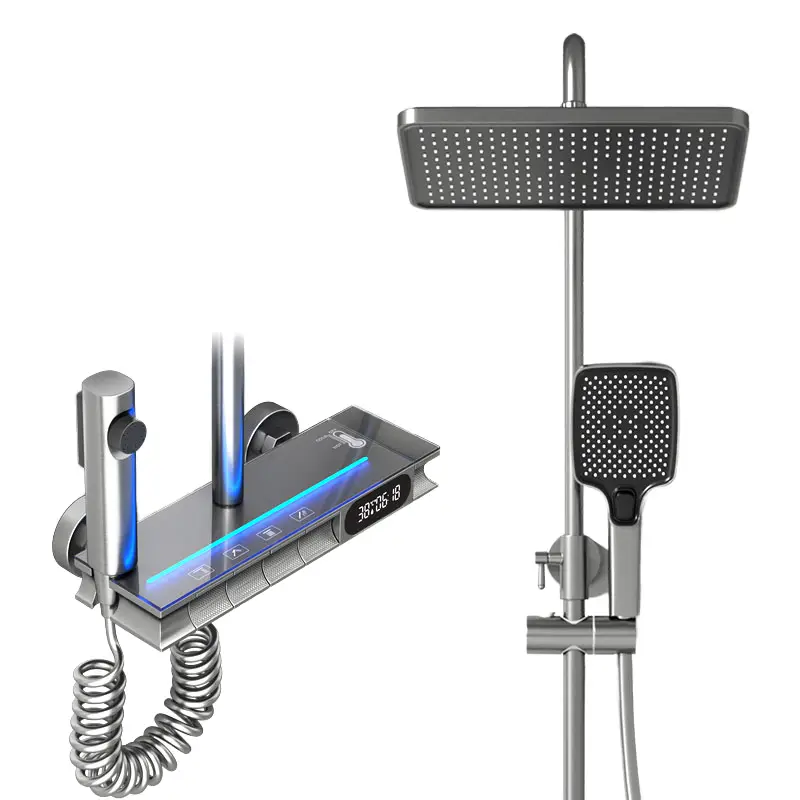 Wall Paint Metal Brushed Smart Multi-functional High-grade Brass Valve Core Shower Set with Digital Display and Light St — view 1