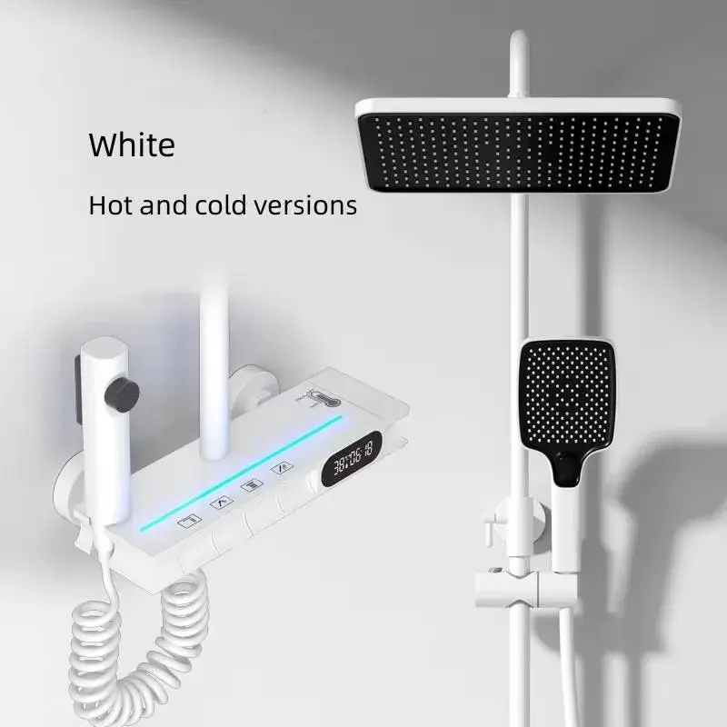 Wall Paint Metal Brushed Smart Multi-functional High-grade Brass Valve Core Shower Set with Digital Display and Light Strips — image 2