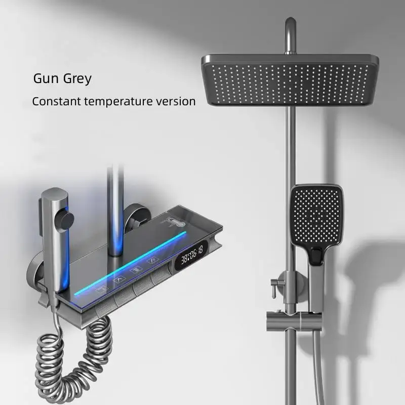 Wall Paint Metal Brushed Smart Multi-functional High-grade Brass Valve Core Shower Set with Digital Display and Light Strips — image 3