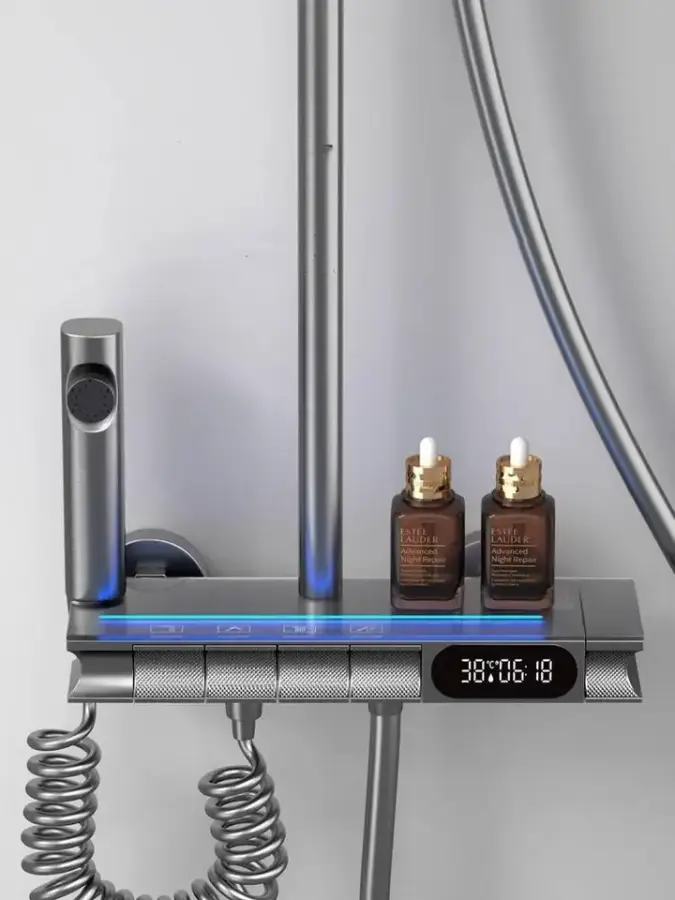 Wall Paint Metal Brushed Smart Multi-functional High-grade Brass Valve Core Shower Set with Digital Display and Light Strips — image 4