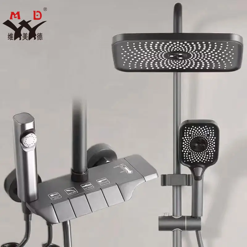 Hot-selling Hot and Cold Wall-mounted Luxury Rainwater Shower Mixer Gun Grey Zinc-Alloy Multi-mode Shower Set — view 1