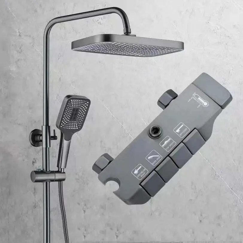 Hot-selling Hot and Cold Wall-mounted Luxury Rainwater Shower Mixer Gun Grey Zinc-Alloy Multi-mode Shower Set — image 4