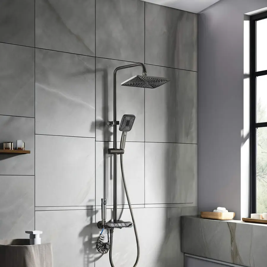 Hot-selling Hot and Cold Wall-mounted Luxury Rainwater Shower Mixer Gun Grey Zinc-Alloy Multi-mode Shower Set — image 5