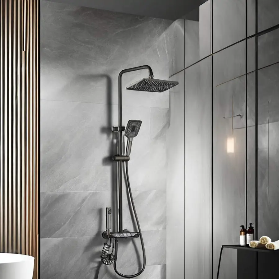 Hot-selling Hot and Cold Wall-mounted Luxury Rainwater Shower Mixer Gun Grey Zinc-Alloy Multi-mode Shower Set — image 6