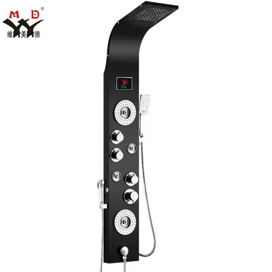 Bathroom Wall-mounted Multi-speed Wall-mounted Stainless Steel Waterfall Black Shower Column Set Tower Jet LED Shower Pa — view 1