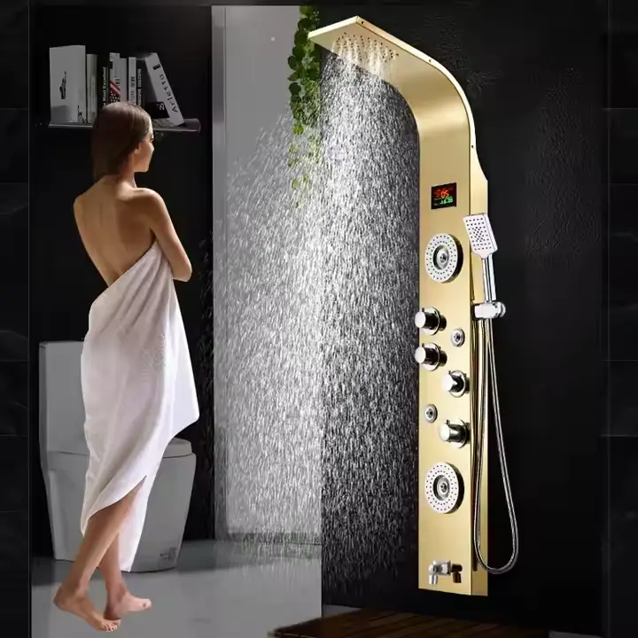 Bathroom Wall-mounted Multi-speed Wall-mounted Stainless Steel Waterfall Black Shower Column Set Tower Jet LED Shower Pa — view 3