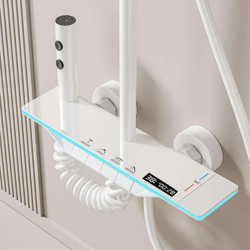Luxury LED White Gun, Gray Temperature Display Soft Spray Rain Shower Faucet Piano Aluminum Bathroom Shower Set — view 1