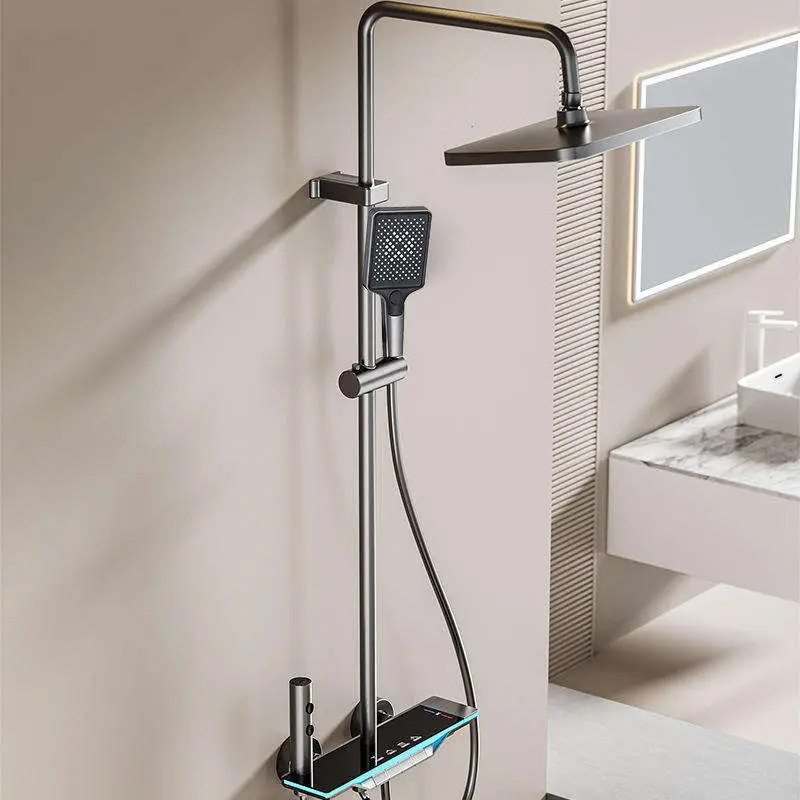 Luxury LED White Gun, Gray Temperature Display Soft Spray Rain Shower Faucet Piano Aluminum Bathroom Shower Set — image 4