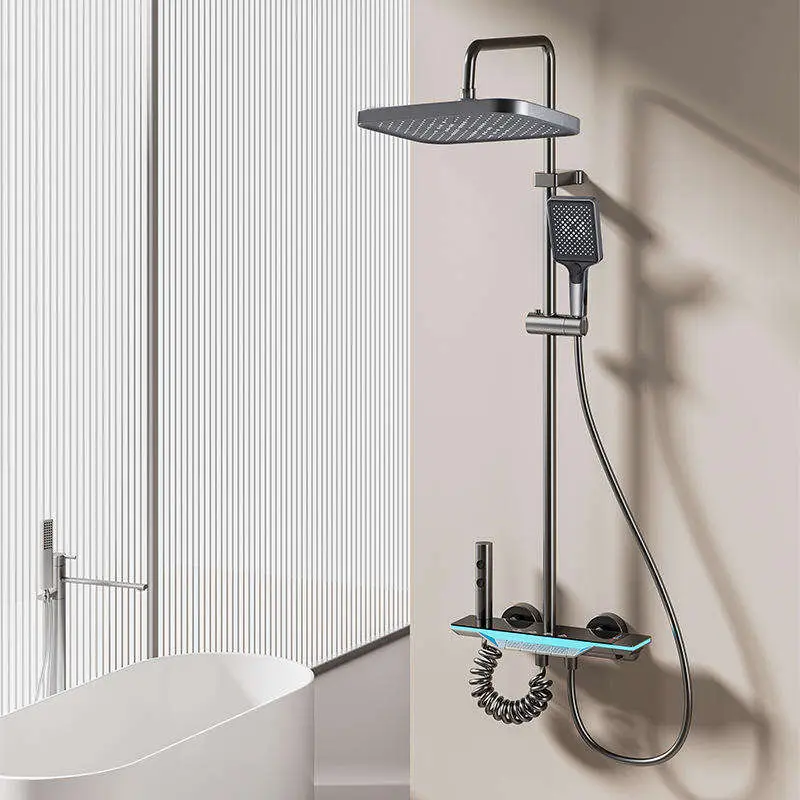 Luxury LED White Gun, Gray Temperature Display Soft Spray Rain Shower Faucet Piano Aluminum Bathroom Shower Set — image 5