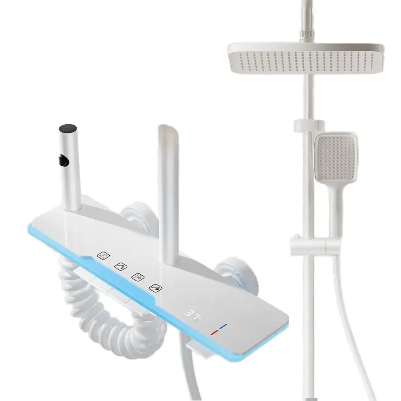Luxury LED White Gun, Gray Temperature Display Soft Spray Rain Shower Faucet Piano Aluminum Bathroom Shower Set — image 6